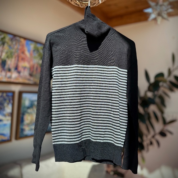 DKNY Turtleneck Sweater Long-Sleeves Knit Top, Black w/ Silver Stripes Sz. XS - Picture 1 of 10